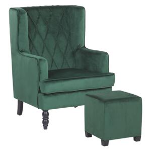 Armchair with Footstool Green Velvet Fabric Wooden Legs Wingback Style Beliani