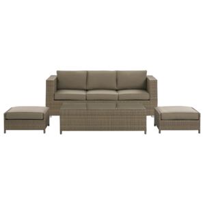 Outdoor Sofa Set Brown Faux Rattan 3 Seater Sofa with Table and 2 Ottomans with Cushions Beliani
