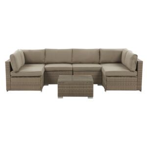 Outdoor Lounge Set Brown Faux Rattan Cushions Modular Corner Sofa for 6 People Coffee Table with Tempered Glass Top Modern 7 Piece Garden Set Beliani
