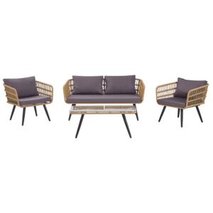 Garden Conversation Sofa Set Beige Faux Rattan with Grey Cushions and Tempered Glass Coffee Table Steel Legs Rustic Beliani