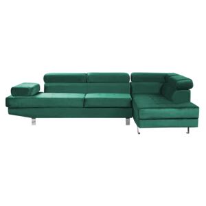 Corner Sofa Green Velvet L-shaped 5 Seater Adjustable Headrests and Armrests Modern Living Room Couch Beliani