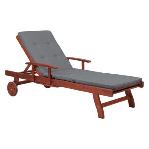 Sun Lounger Dark Acacia Wood Grey Cushion Reclining with Wheels Tray Classic Outdoor Furniture Beliani