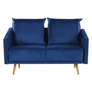 Sofa Navy Blue Velvet 2 Seater Back Cushioned Seat Metal Golden Legs Retro Glam Beliani
