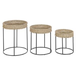 Set of 3 Side Tables Light Wood with Black Seagrass Tops Iron Frames Nesting Natural Boho Rustic Beliani