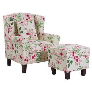 Armchair with Footstool Cream Floral Pattern Fabric Wooden Legs Wingback Style Beliani