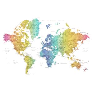 Map World map with labels in Spanish, rainbow watercolor, Blursbyai