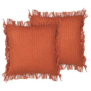 Set of 2 Scatter Cushions Orange Cotton 45 x 45 cm Pillow Case Textured Fringed Edges with Polyester Filling Beliani
