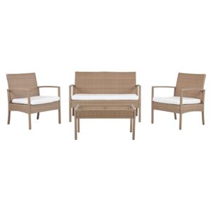 Garden Sofa Set Brown Faux Rattan with White Cushions with Coffee Table 4 Seater Beliani