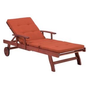 Sun Lounger Acacia Wood with Red Cushion Reclining with Wheels Tray Classic Outdoor Furniture Beliani