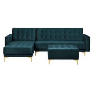 Corner Sofa Bed Teal Velvet Tufted Fabric Modern L-Shaped Modular 4 Seater with Ottoman Right Hand Chaise Longue Beliani