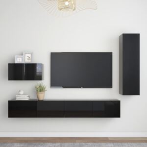 4 Piece TV Cabinet Set High Gloss Black Chipboard