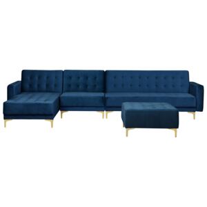 Corner Sofa Bed Navy Blue Velvet Tufted Fabric Modern L-Shaped Modular 5 Seater with Ottoman Right Hand Chaise Longue Beliani