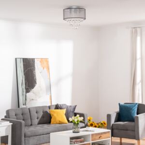HOMCOM Modern Crystal Chandelier Flush Mount LED Ceiling Light with Drum Shade for Living Room Bedroom Dining Room Silver