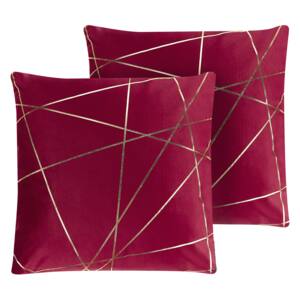 Set of 2 Scatter Cushions Red Velvet 45 x 45 cm Gold Geometric Pattern Decorative Throw Pillows Removable Covers Zipper Closure Glam Style Beliani