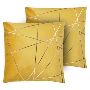 Set of 2 Scatter Cushions Yellow Velvet 45 x 45 cm Gold Geometric Pattern Decorative Throw Pillows Removable Covers Zipper Closure Glam Style Beliani