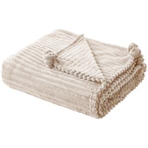 Blanket Beige Polyester 150 x 200 cm Ribbed Structure with Pom-Poms Throw Bedding Beliani