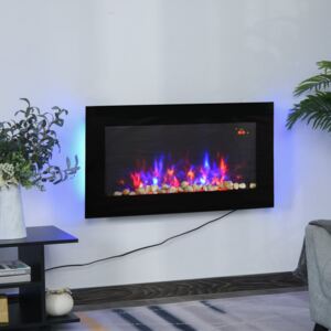 HOMCOM 2000W Wall Mounted Tempered Glass Electric Fireplace Heater LED Wall Fires Black