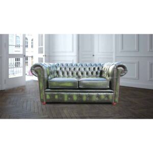 Chesterfield 2 Seater Antique Green Real Leather Sofa Settee In Classic Style
