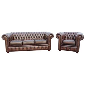 Chesterfield London 3+1 Antique Brown Leather Sofa Suite In Classic Style