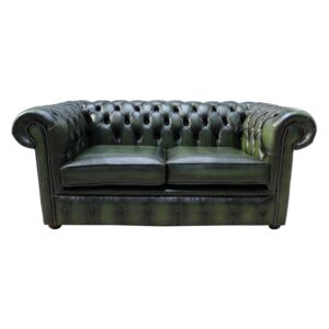 Chesterfield 2 Seater Antique Green Leather Tufted Buttoned Sofa Settee In Classic Style