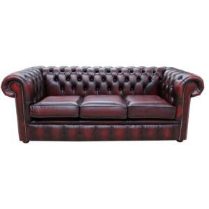 Chesterfield 3 Seater Antique Oxblood Red Real Leather Tufted Buttoned Sofa In Classic Style