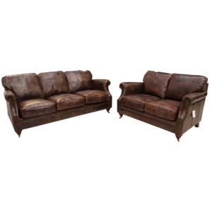 Vintage Luxury 3+2 Seater Settee Distressed Tobacco Brown Real Leather Sofa Suite