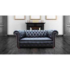 Chesterfield 2 Seater Buttoned Seat Silver Stud Sofa Black Real Leather In Classic Style
