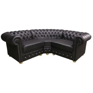 Chesterfield 1 Seater + Corner + 1 Seater Black Leather Corner Crystal Sofa Cushioned In Classic Style