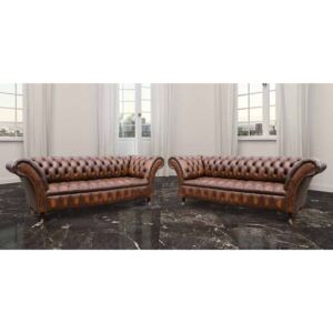 Chesterfield 3+2 Seater Antique Tan Leather Sofa Suite In Balmoral Style
