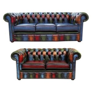 Chesterfield Patchwork 3 Seater + 2 Seater Sofa Suite Antique Real Leather In Classic Style