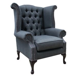 Chesterfield High Back Wing Chair Charles Grey Real Linen Fabric In Queen Anne Style