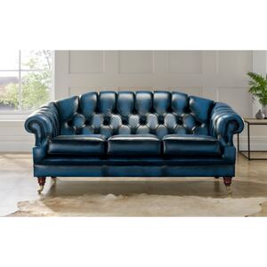 Chesterfield 3 Seater Antique Blue Leather Sofa Settee In Victoria Style
