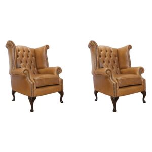 Chesterfield 2 x High Back Chairs Old English Tan Leather Bespoke In Queen Anne Style