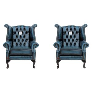 Chesterfield 2 x High Back Chairs Antique Blue Leather Bespoke In Queen Anne Style