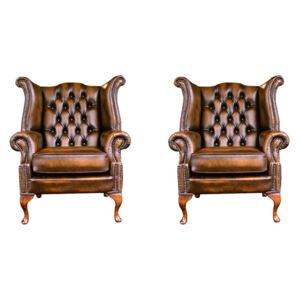 Chesterfield 2 x High Back Chairs Antique Gold Leather Bespoke In Queen Anne Style