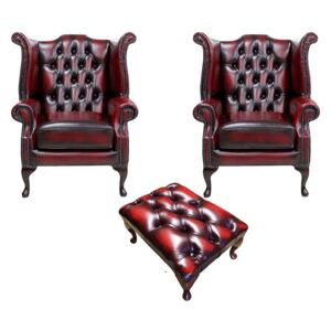 Chesterfield 2 x Wing Chairs +­ Footstool Antique Oxblood Leather In Queen Anne Style