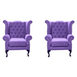 Chesterfield 2 x Wing Chairs Verity Purple Fabric Bespoke In Queen Anne Style