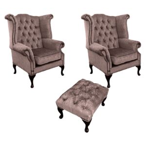 Chesterfield 2 x Wing Chairs + Footstool Harmony Charcoal Velvet In Queen Anne Style