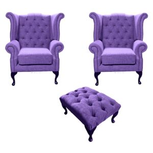 Chesterfield 2 x Wing Chairs + Footstool Verity Purple Fabric In Queen Anne Style