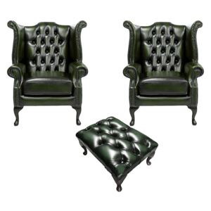Chesterfield 2 x Wing Chairs +­ Footstool Antique Green Leather In Queen Anne Style