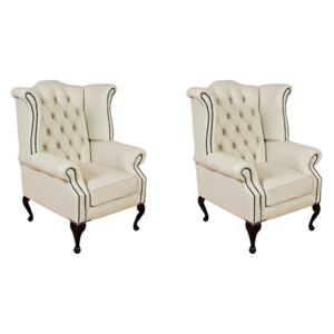 Chesterfield 2 x High Back Chairs Cottonseed Cream Leather Bespoke In Queen Anne Style