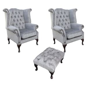 Chesterfield 2 x Wing Chairs + Footstool Perla Illusions Grey Velvet In Queen Anne Style