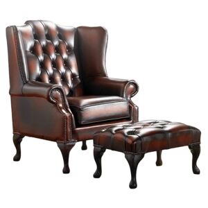 Chesterfield Flat Wing Chair + Footstool Antique Light Rust Leather In Mallory Style