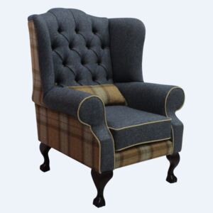Chesterfield Fireside High Back Wing Chair Skye Sage/Grey Check Tweed Wool In Mallory Style