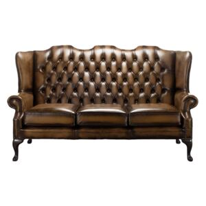 Chesterfield 3 Seater High Back Antique Autumn Tan Leather Sofa In Mallory Style
