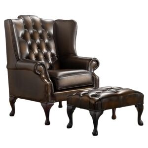 Chesterfield Flat Wing Chair + Footstool Antique Brown Leather In Mallory Style