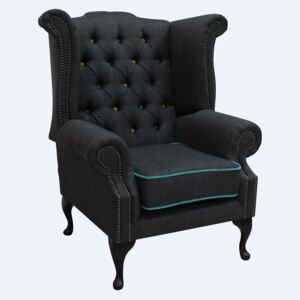 Chesterfield High Back Chair Charles Charcoal Blue Trim Linen Fabric In Queen Anne Style