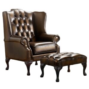 Chesterfield Flat Wing Chair + Footstool Antique Tan Leather In Mallory Style