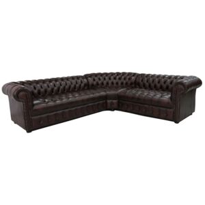 Chesterfield 3 Seater + Corner + 2 Seater Antique Brown Leather Buttoned Seat Corner Sofa In Classic Style