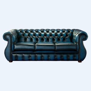 Chesterfield 3 Seater Antique Blue Leather Sofa Bespoke In Kimberley Style